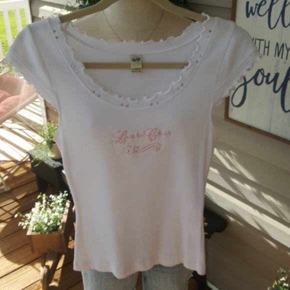 KAVIO ♡ White Embroidered Pink "Love to Cheer" Ruffled Embellished Bling Top XL - Picture 14 of 17